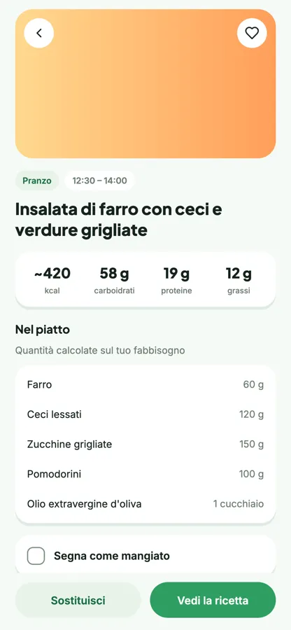 Il dettaglio di un pasto con le quantità personali