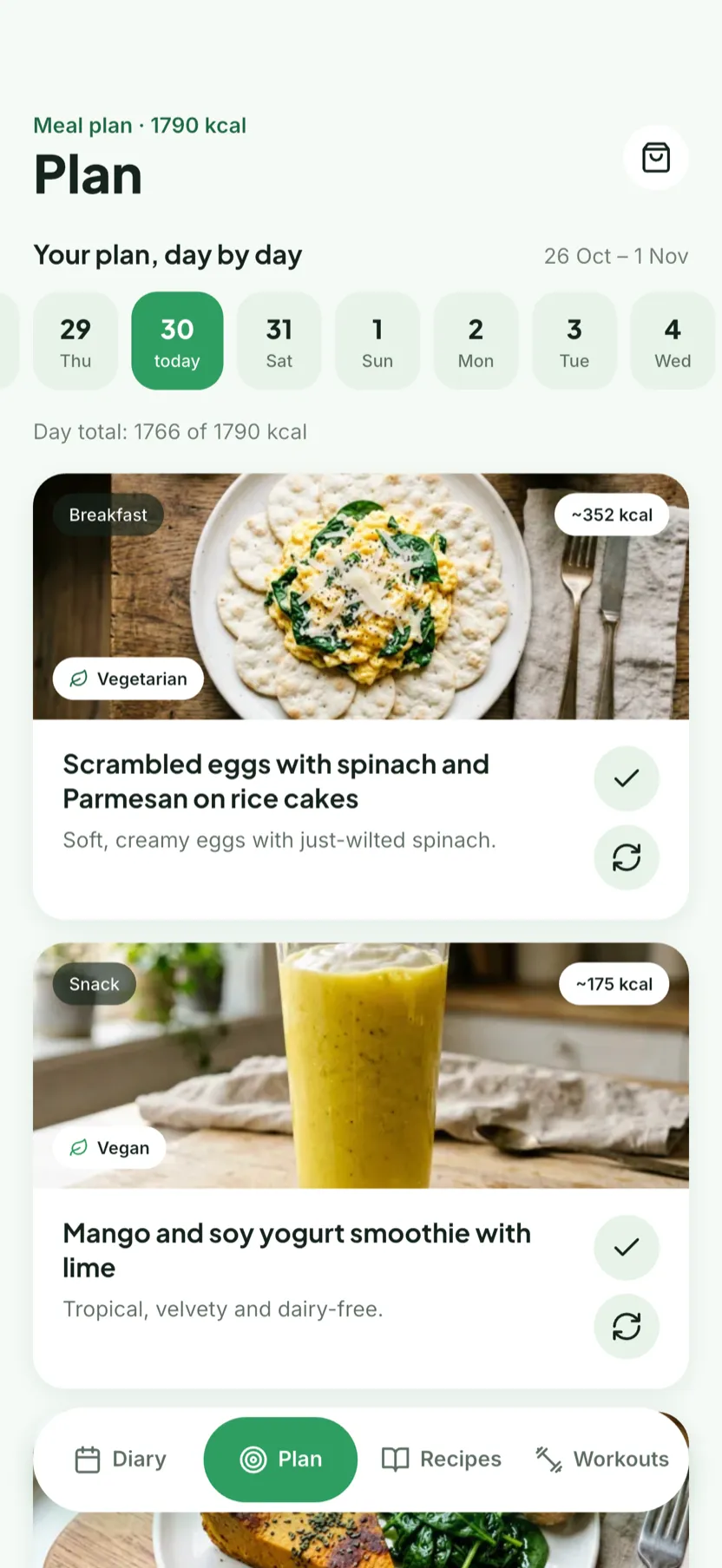 The week's meal plan in the client's app