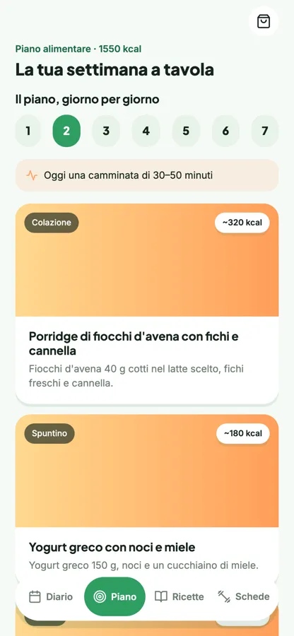 Il piano della settimana nell'app skish