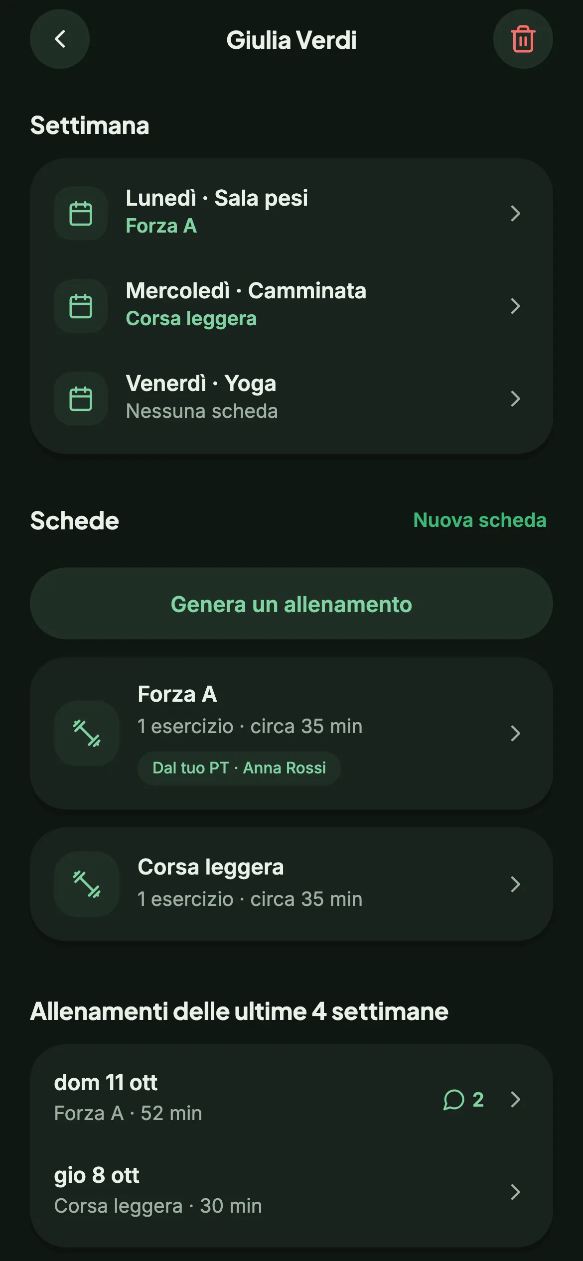 La settimana di allenamento di un cliente