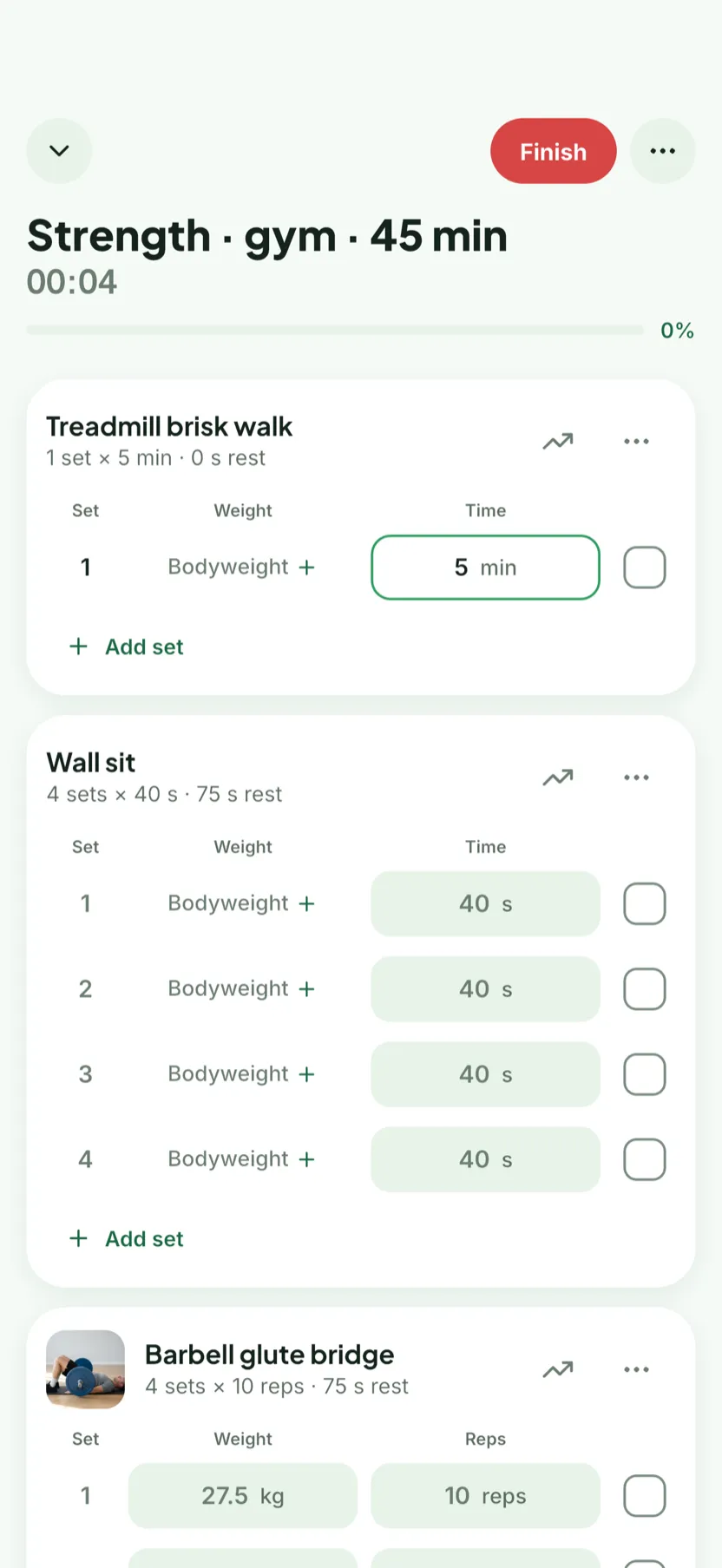 A workout in progress with the personal trainer's plan